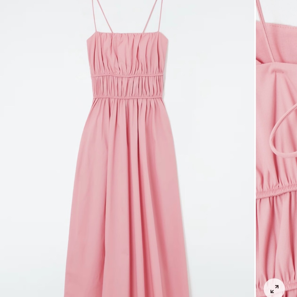 COS Pink Ruched Midi Sundress for Wedding Guest